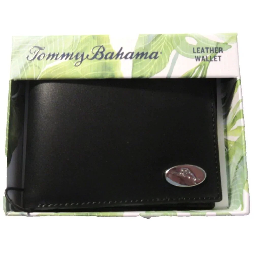 Tommy Bahama Men's Slim Bi Fold Black Genuine Leather Wallet Embossed Marlin NIB
